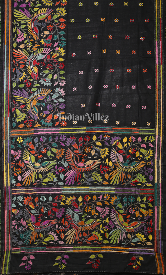 Black Flower Motif Handwoven Kantha Stitch Silk Saree