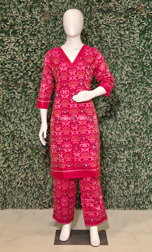 Rani Pink Lotus Motif Cotton Kurti Set with Pallazo (Co-Ords Set)