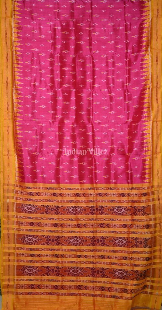 Rani Pink Yellow Mayur Chandrika Odisha Ikat Khandua Silk Saree