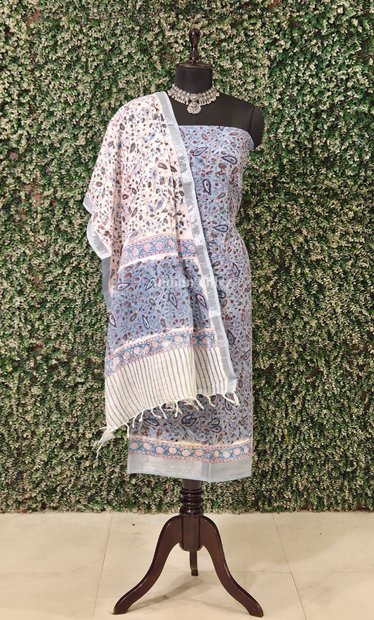 Light Blue White Sanganeri Block Printed Cotton Suit Sets