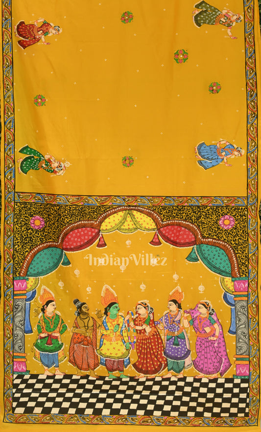 Mustard Yellow Ramayan Theme Hand-Painted Pattachitra Saree