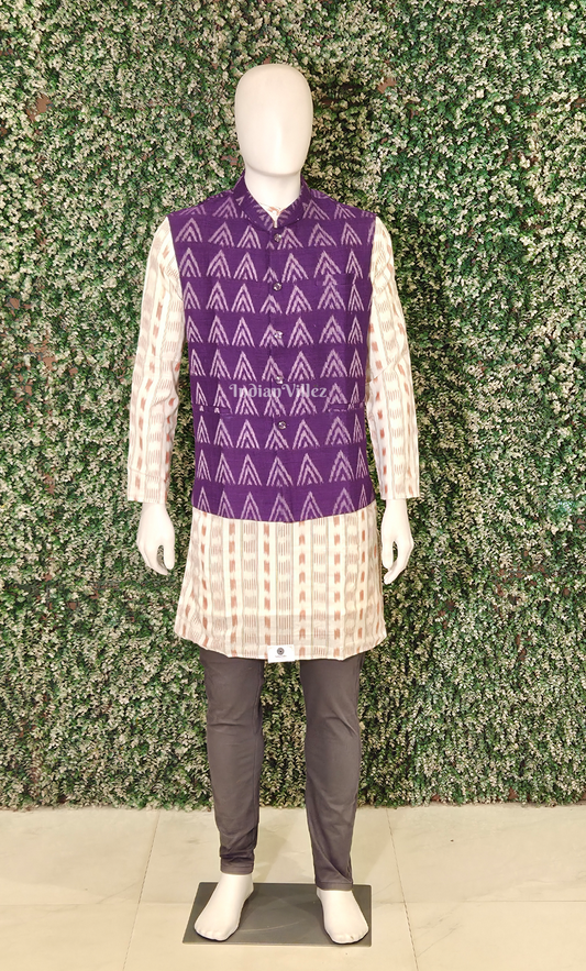 Purple Chita Design Odisha Ikat Half Bandi Jacket for Men