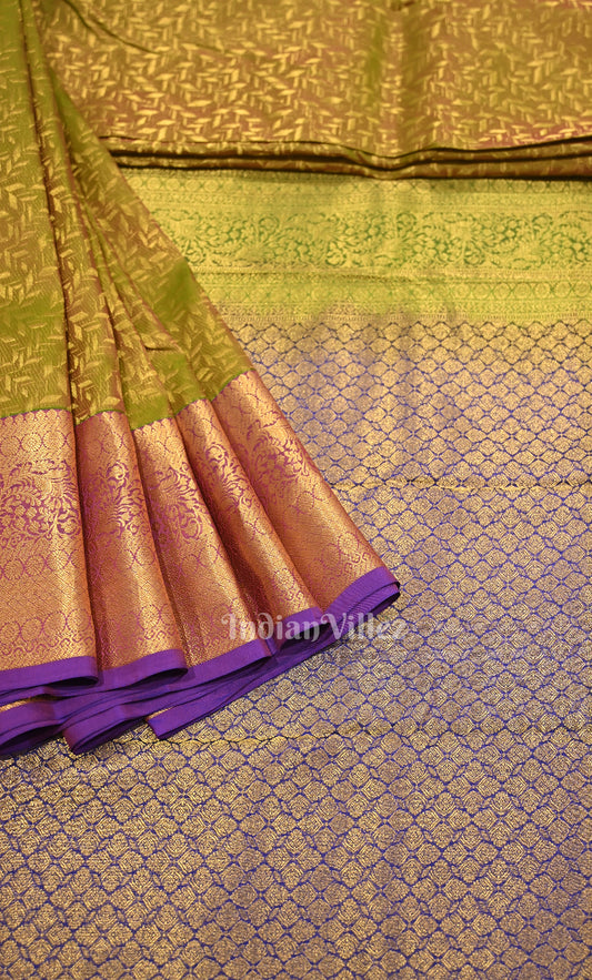 Parrot Green Blue Brocade Pure Kanjivaram Silk Saree