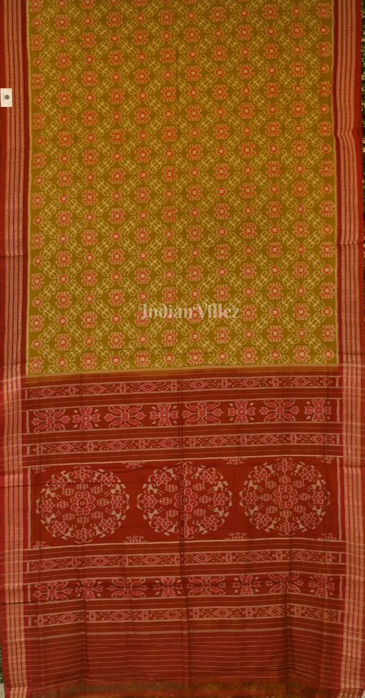 Mehendi Green Maroon Floral Motif Sambalpuri Ikat Cotton Saree