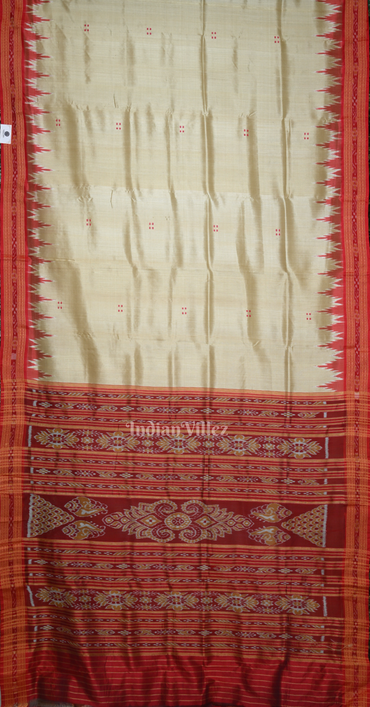 Cream Maroon Butta Design Odisha Ikat Khandua Silk Saree
