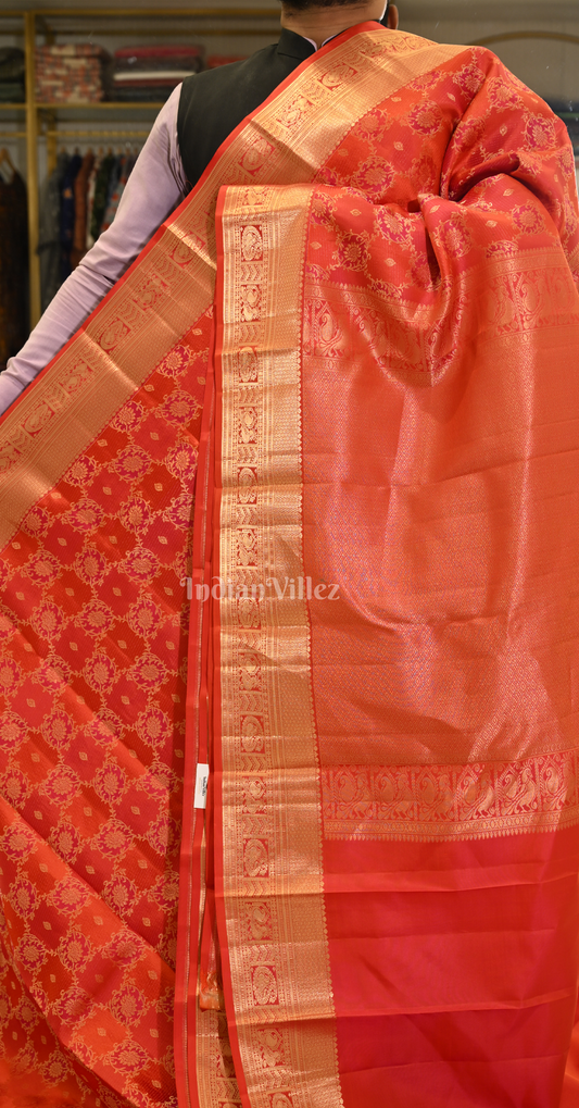 Exclusive Red Pink Dual Tone Brocade Pure Kanjivaram Silk Saree
