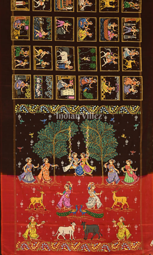 Maroon Red Village Theme Hand- Painted Pattachitra Saree