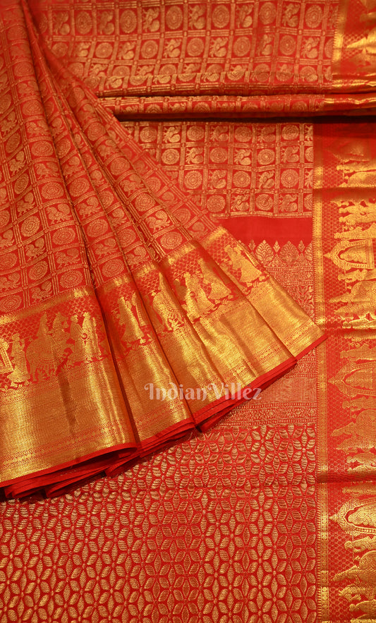 Exclusive Hot Bridal Red with Golden Brocade Pure Kanjivaram Silk Saree