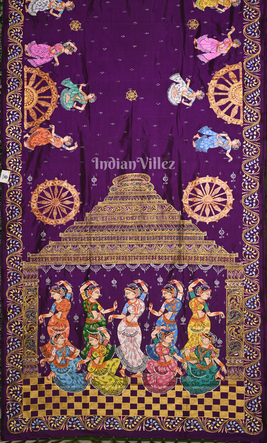 Purple Green Nartaki Konark Temple Hand-Painted Pattachitra Saree