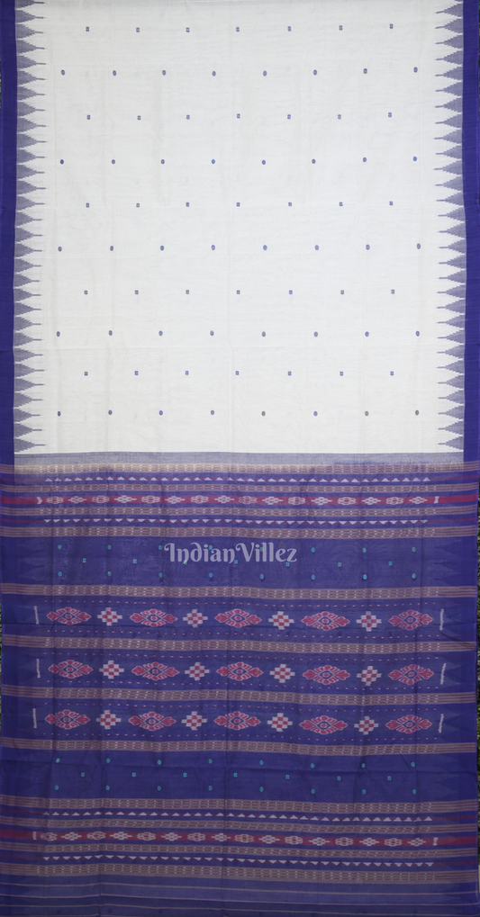 White Blue Buti Sachipar Odisha Ikat Sambalpuri Cotton Saree