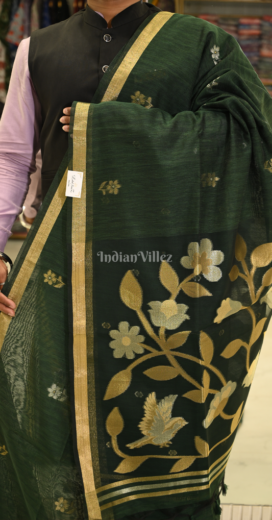 Bottle Green Linen Cotton Saree with Gold Zari Floral Pallu