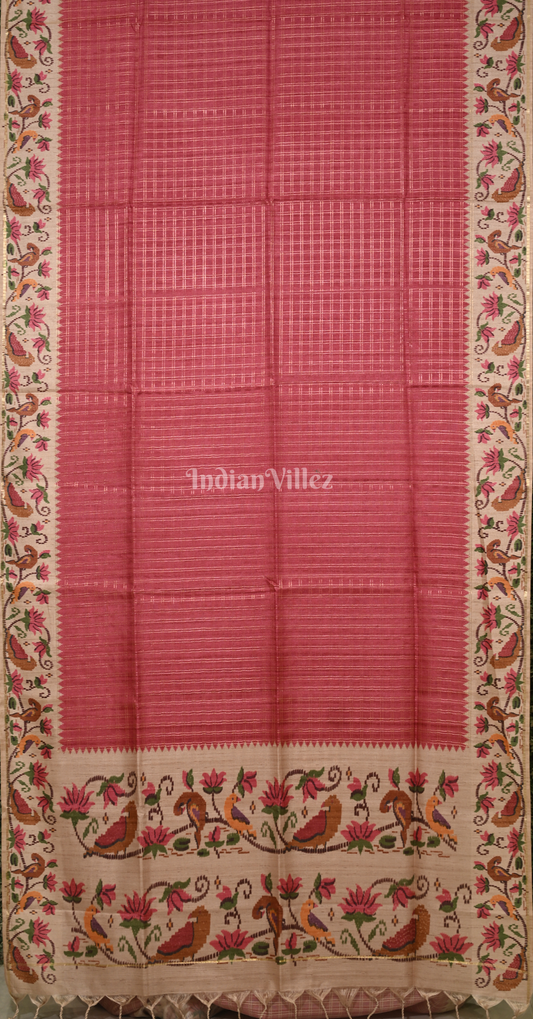 Red Beige Check Pattern Tussar Silk Saree