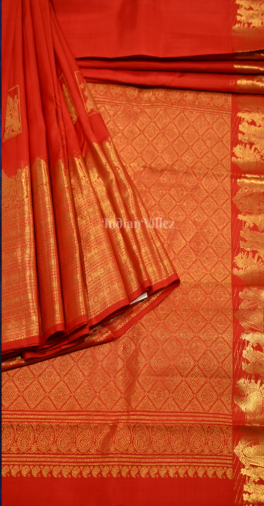 Exclusive Bridal Blood Red Palki Theme Brocade Pure Kanjivaram Silk Saree