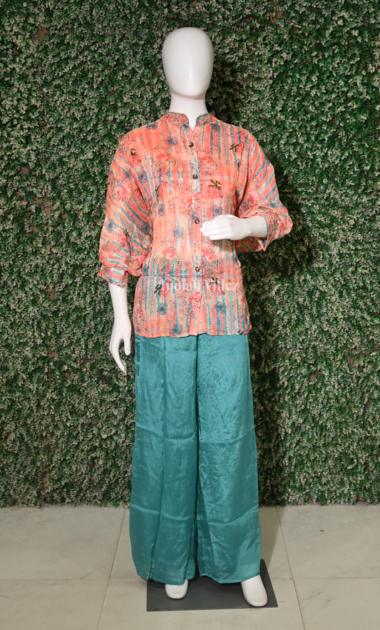 Designer Light Orange Blue Floral Printed Kurta Set with Palazzo-(Co-Ords Set)