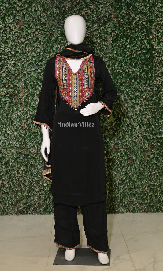 Black Embroidered Kurta Pant with Dupatta Set