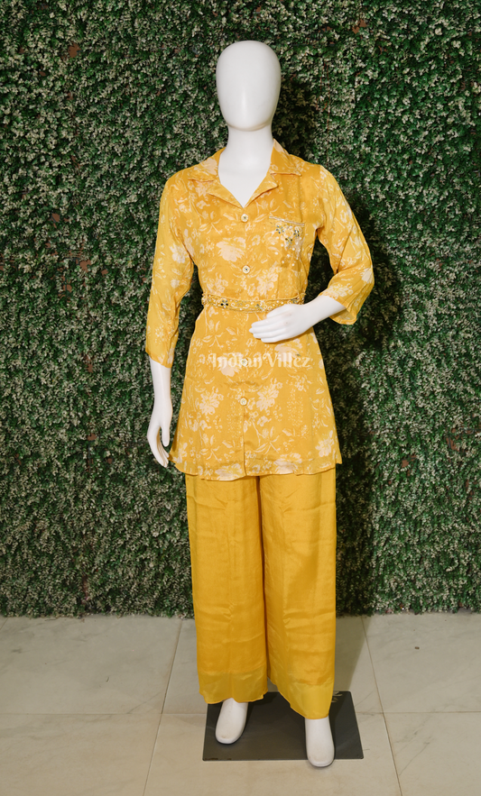 Mustard Yellow Floral Print kurta with pant Set-(Co-Ords Set)