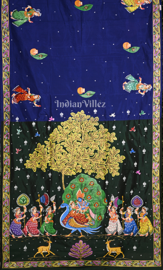 Blue Green (Mayur) & Nartaki Theme Hand-Painted Pattachitra Saree