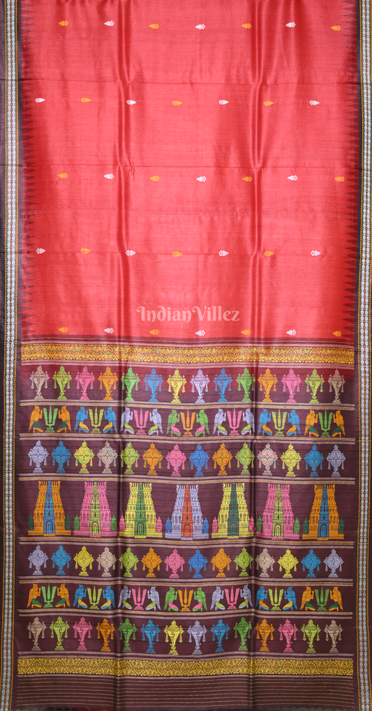 Red Maroon Tirupati Temple Theme Gopalpur Tussar Silk Saree