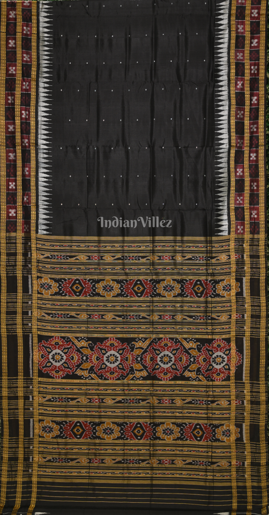 Black Dot Double Border Pasapali Odisha Ikat Khandua Silk Saree