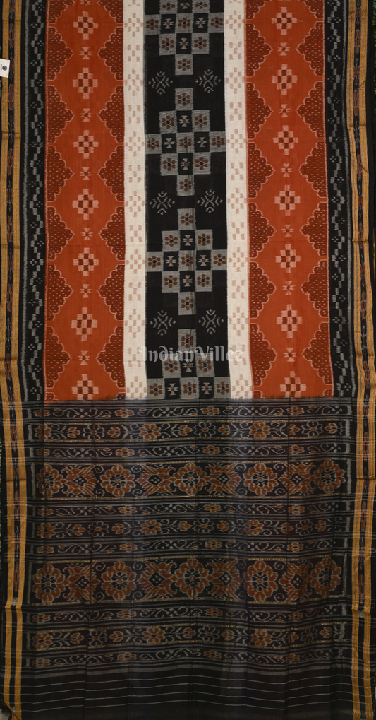Rust Orange Black Body Pasapali Odisha Handloom Sambalpuri Ikat Cotton Saree