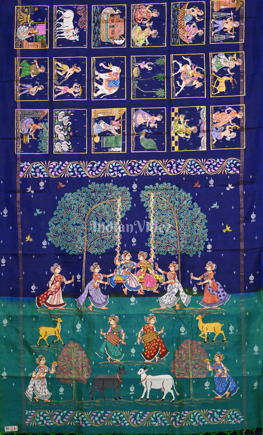 Blue Green Krishna Raas Village Theme Hand- Painted Pattachitra Saree