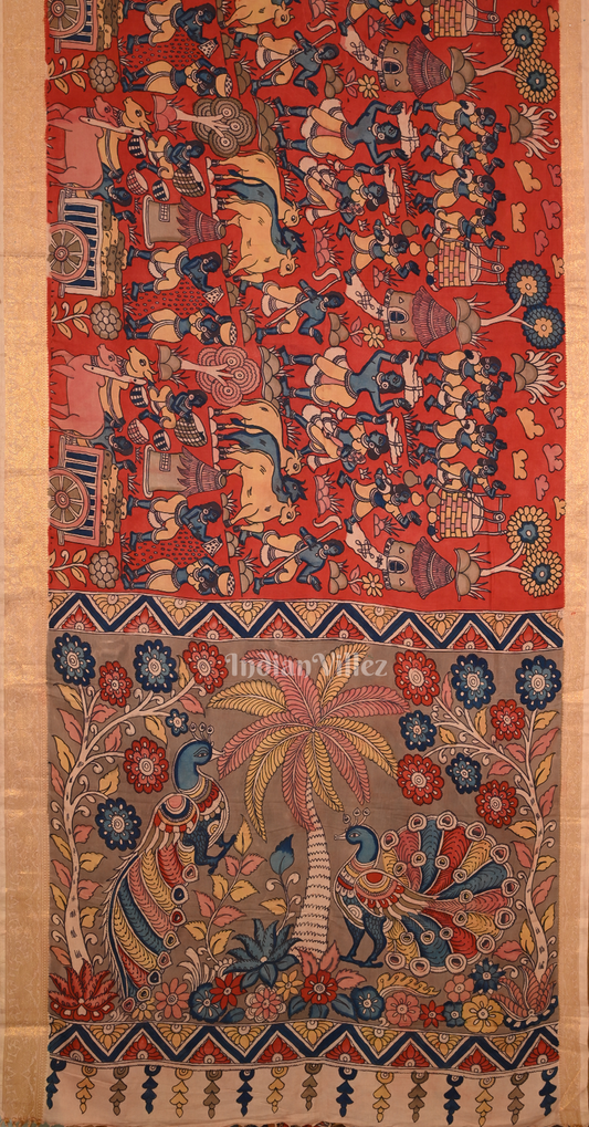 Red Cream Hand-Painted Natural Dye Cotton Kalamkari Saree with Peacock Anchal