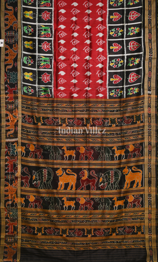 Red Black Sankha Motif Half Nabakothi Border Odisha Ikat Khadua Silk Saree