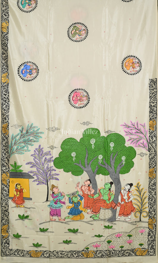 White Ramayana Theme Hand-Painted Pattachitra Saree