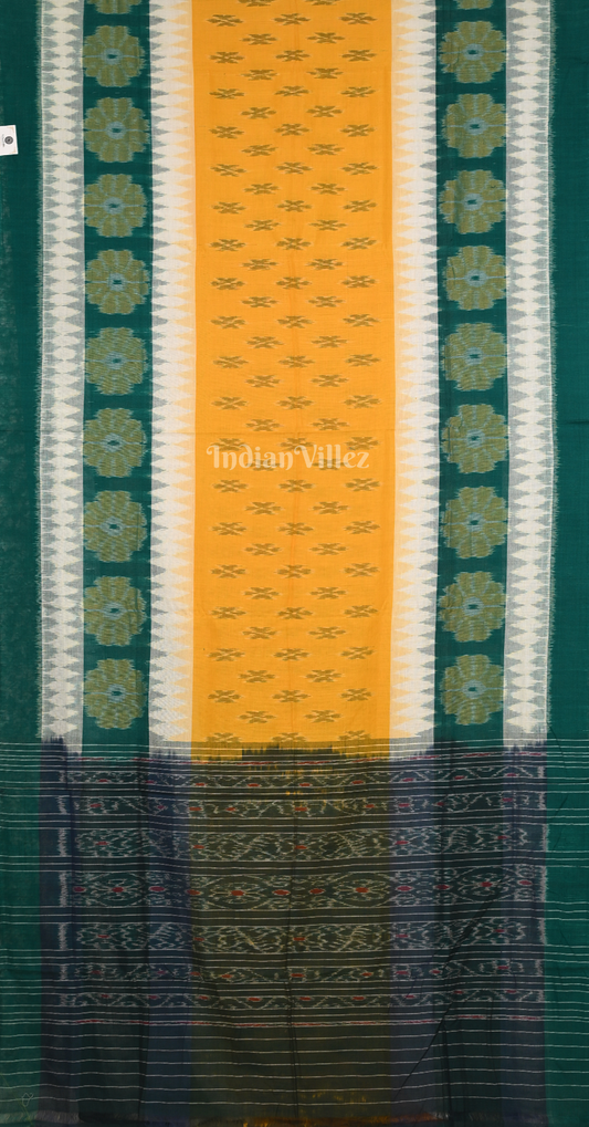 Green White Yellow Damru Odisha Ikat Maniabandha Cotton Saree