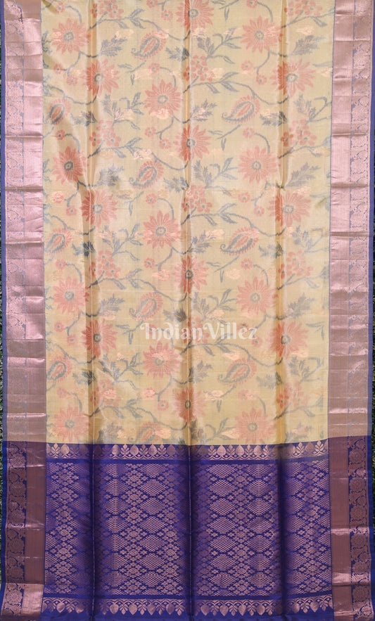 Cream Blue Pure Kanjivaram Soft Silk Saree
