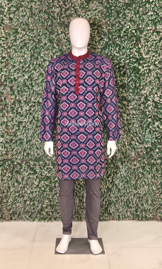 Blue Magenta Pink Flower Motif Odisha Ikat Cotton Kurta for Men
