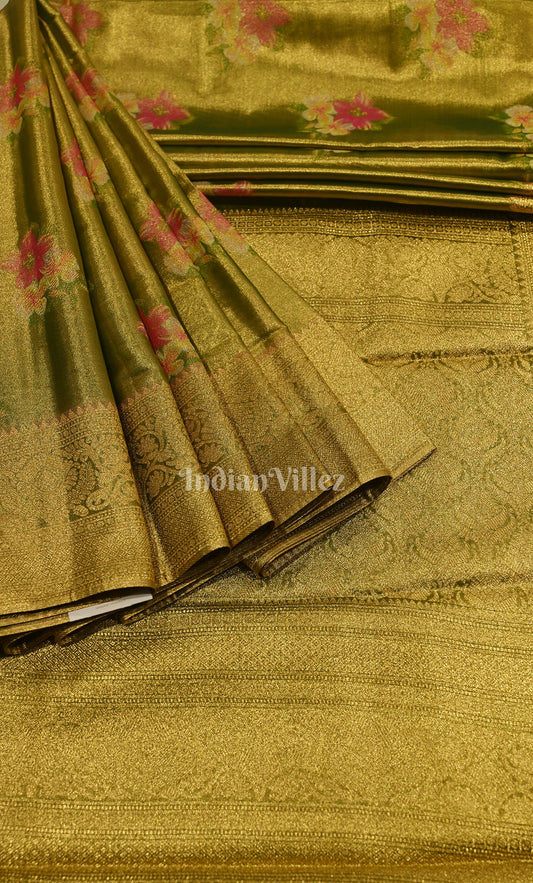 Mehendi Green Dual Tone Digital Print Kanjivaram Silk Saree