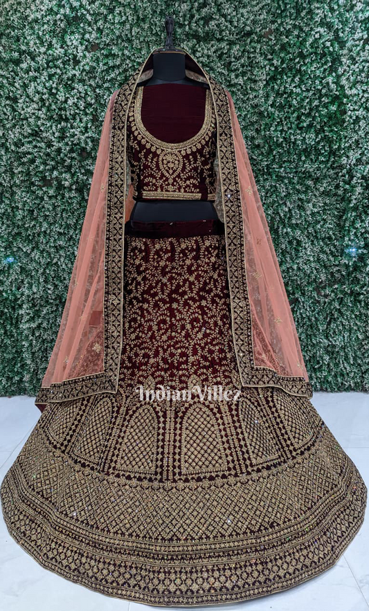 Maroon Peach Embroidered Velvet Bridal Lehenga Choli with Dupatta