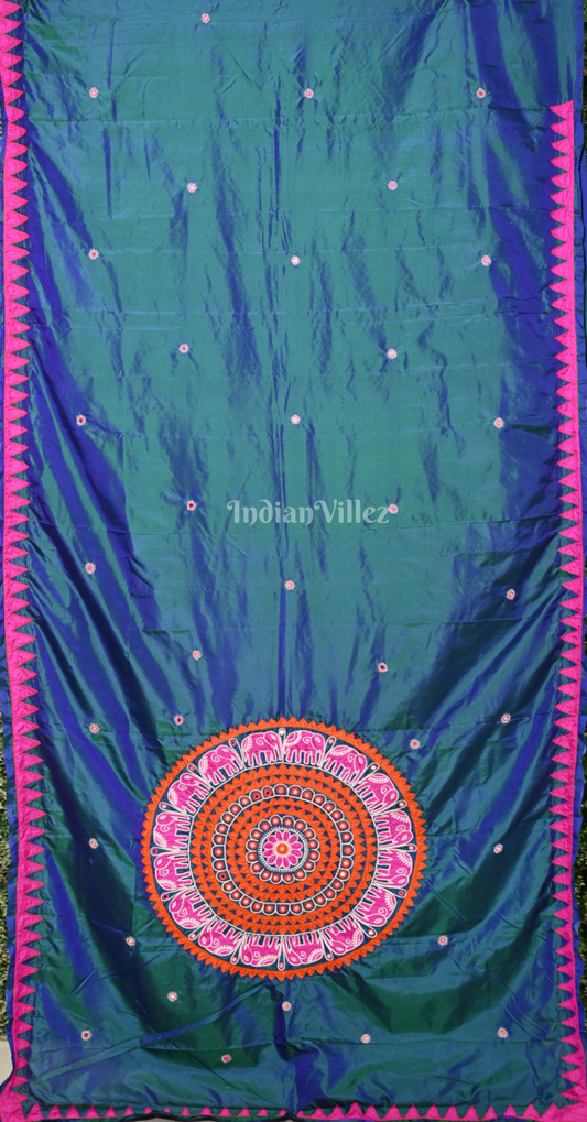 Peacock Blue Pink Hand Embroidered Applique Work Saree