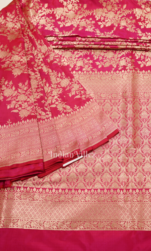 Rani Pink Pure Katan Banarasi Silk Saree with Golden Floral Jaal Work