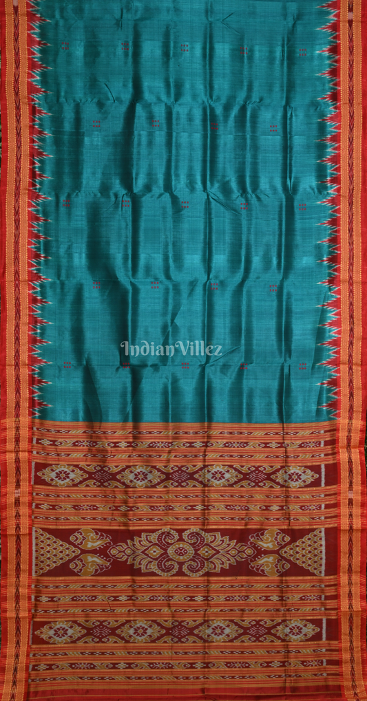 Teal Blue Red Buti Design Odisha Ikat Khandua Silk Saree