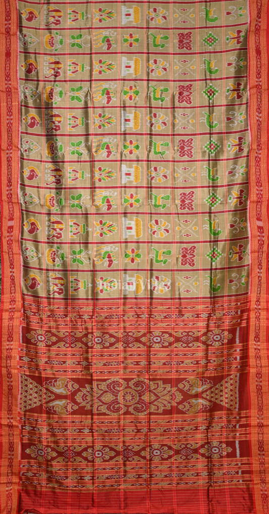 Golden Brown Maroon Nabakothi Odisha Ikat Khandua Silk Saree