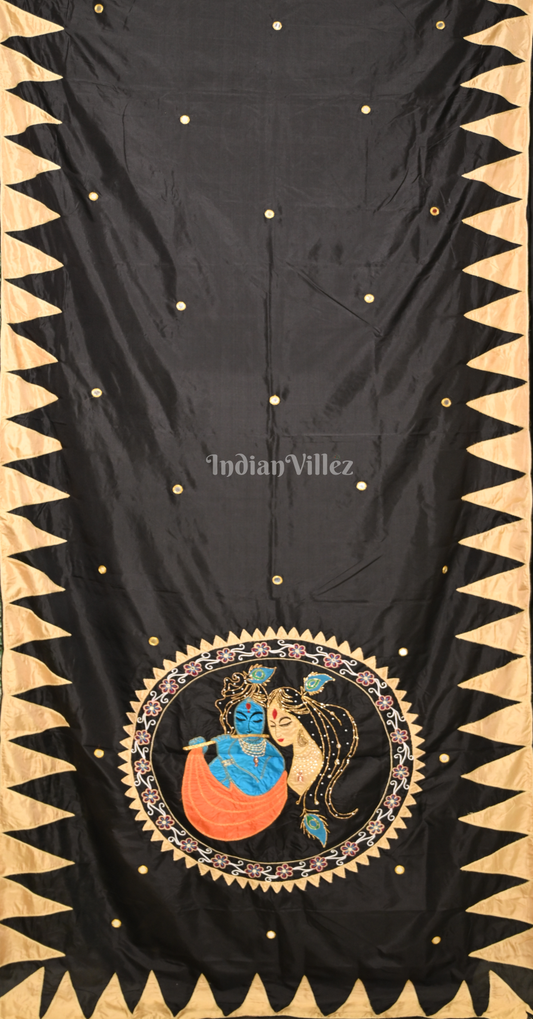 Black Golden Radha Krishna Theme Hand Embroidered Applique Work Saree