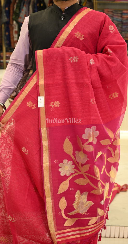 Rani Pink Linen Cotton Saree with Gold Zari Floral Pallu