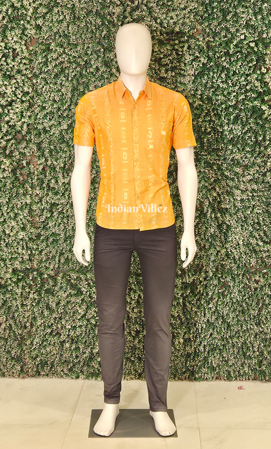 Light yellow Odisha Ikat Cotton Half Sleeve Shirt for Men