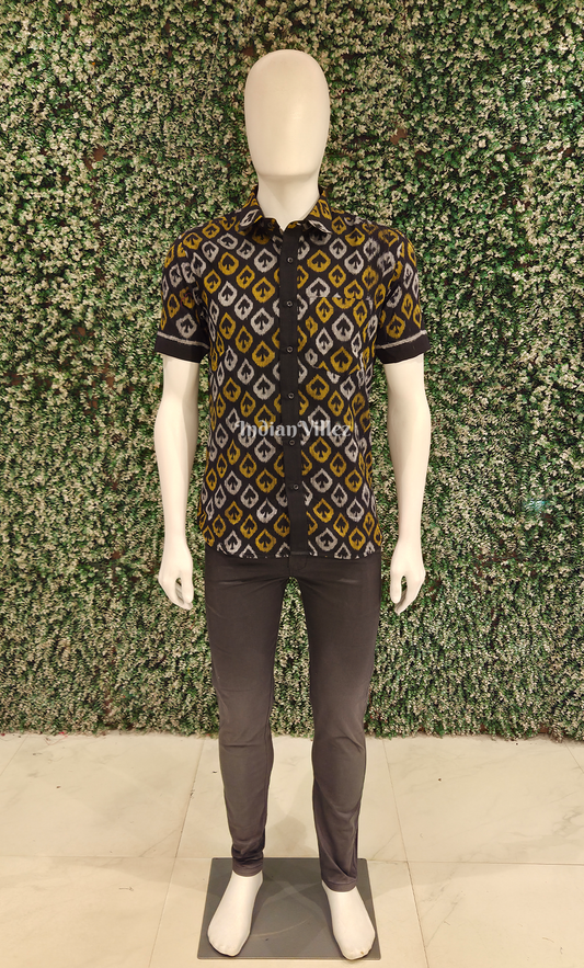 Black Yellow Mashroom Theme Odisha Ikat Cotton Half Sleeve Shirt for Men