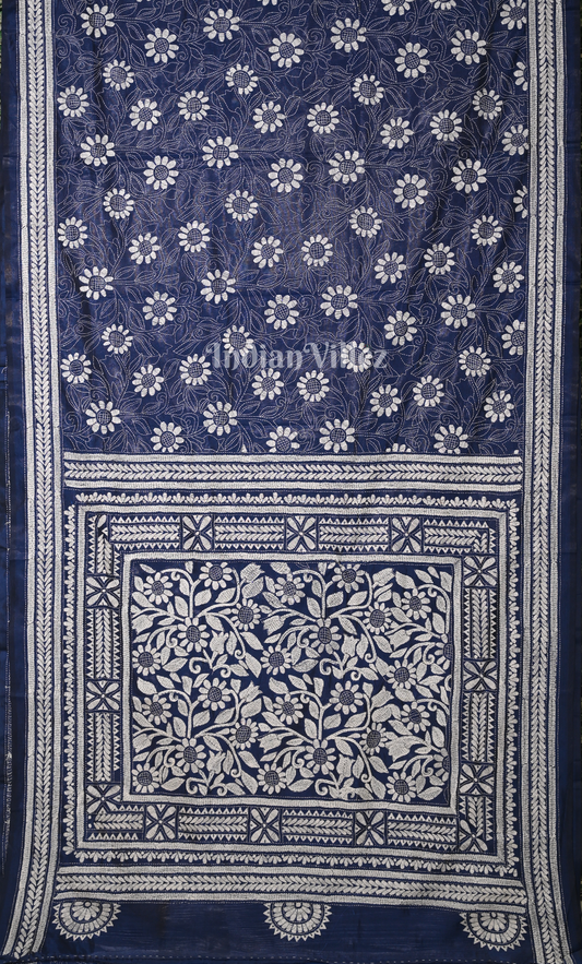 Navy Blue Handwoven Kantha Stitch Silk Saree