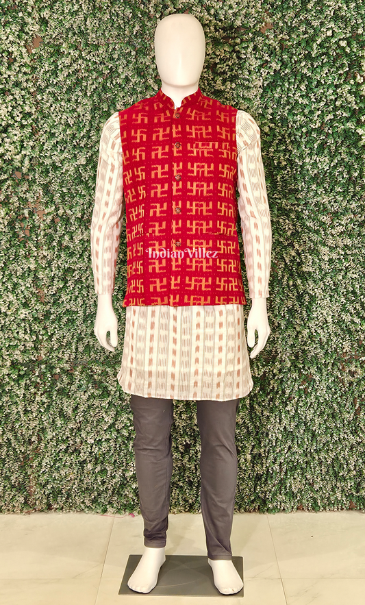 Red Yellow Swastik Odisha Ikat Half Bandi Jacket for Men