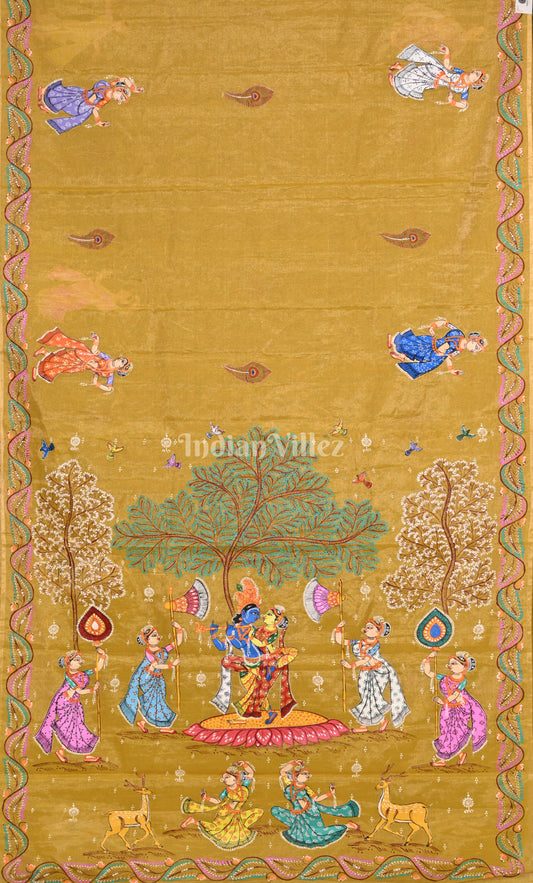 Yellow Krishna Rasa Leela Hand-Painted Pattachitra Saree