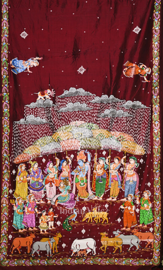 Maroon Giri Govardhan Hand-Painted Pattachitra Saree