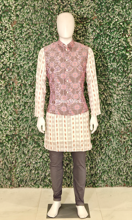 Grey Pink Flower Motif Odisha Ikat Half Bandi Jacket for Men