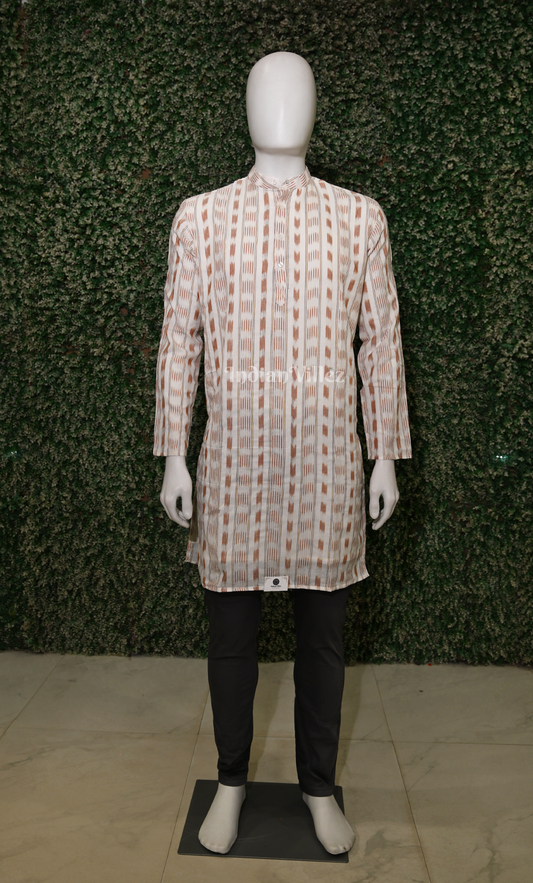 Off White Brick Red Odisha Ikat Sambalpuri Cotton Kurta For Men