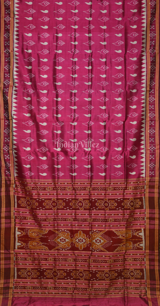 Magenta Pink Sankha Motif Odisha Ikat Khandua Silk Saree with Pasapali Border