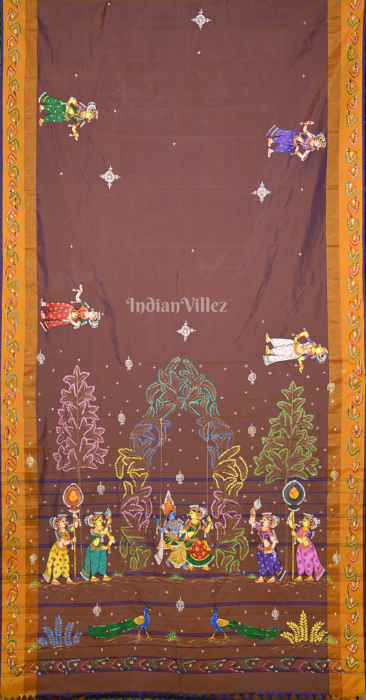 Brown Krishna Radha Doli Theme Hand-Painted Pattachitra Saree