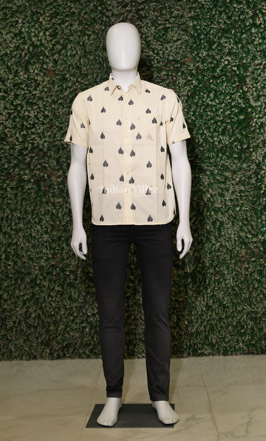 White Thread work leaf shaped motif Odisha Ikat Cotton Half Sleeve Shirt